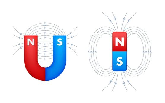 Magnets with field lines showing north and south poles vector