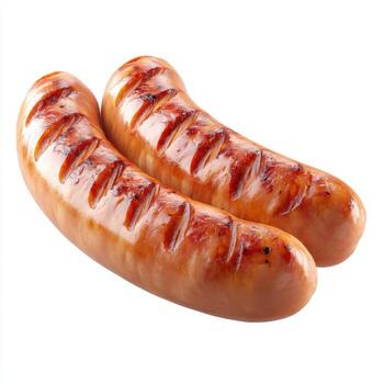 Grilled sausage with visible fat, juicy texture, golden brown color, isolated on white background, delicious and appetizing appearance, cooked meat product photo