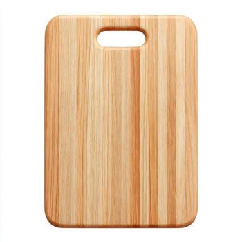 Wooden chopping board top view, kitchen tool with natural grain, rectangular shape, smooth surface, light brown color, isolated on white background, practical and durable photo
