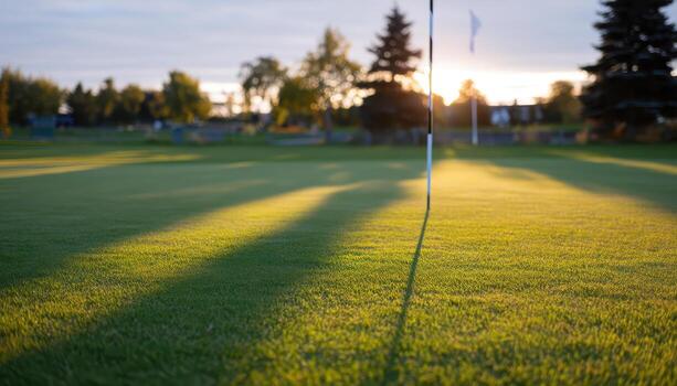 Golf course green flagstick sunset landscape with long shadows and trees in background creating peaceful and calm atmosphere on golf course photo