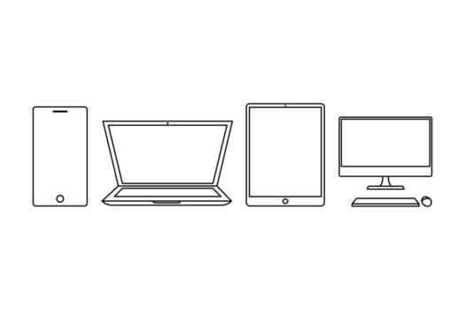A minimalist icon set of modern digital devices. This collection features a laptop, desktop computer, tablet, and mobile phone in a clean line art style vector