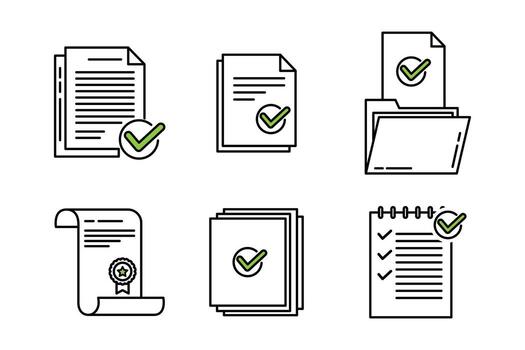 Approved Documents Collection of Paperwork with Green Checkmarks for Validation and Completion vector