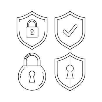 Collection of Security Shields and Padlocks Icons Representing Safety, Protection, Encryption, and Privacy for Digital and Physical Security Systems vector