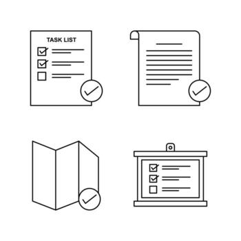 Outline icon collection for business concepts like task management, project completion, document verification, and successful strategy planning vector