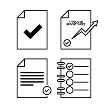 Set of approved document icons featuring a checkmark symbol, a report sheet with an upward trend, a document with text, and a checklist with circles - suitable for business and management themes vector