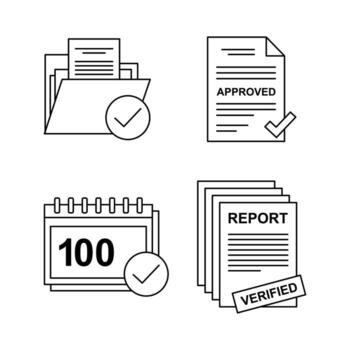 Icons representing business documents, approvals, reports, and verified status, showcasing efficient data management and progress tracking for various projects vector