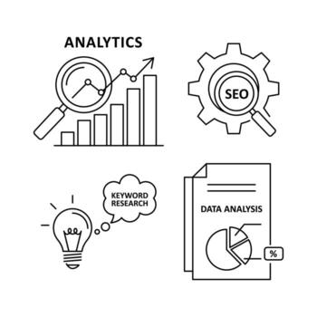 Illustrative concept words for digital marketing strategy, encompassing data analysis, search engine optimization, keyword research, and business growth insights vector