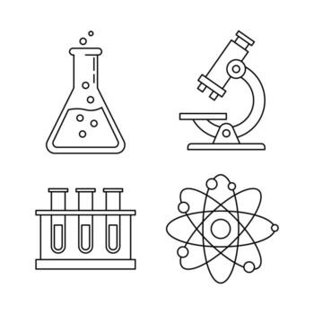 A collection of thin line science icons for chemistry and biology research. illustration set with laboratory equipment like a microscope, flask, and atom vector