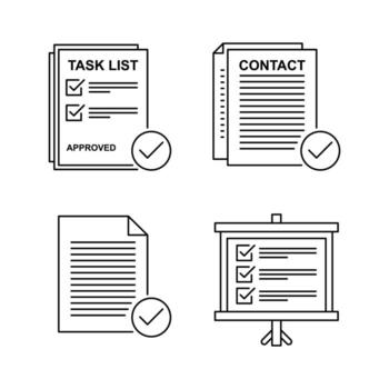 outline icons for efficient business processes task list completion, document approval, contact management, and presentation readiness vector