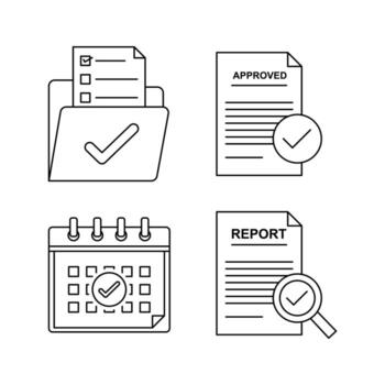 Set of icons representing a document folder, approved document, calendar, and report with magnifying glass on a white background vector