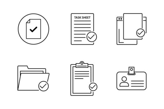 Set of outline icons depicting completed documents and tasks, including a checklist, folder, and ID card with check marks, suitable for business and office concepts vector