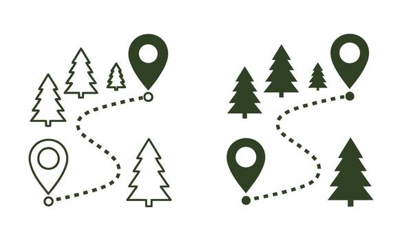 Route through the forest icon isolated on white background hiking trail with trees and map vector