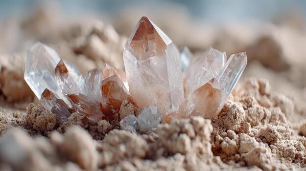 Rare earth elements mining reveals beautiful clear quartz crystals emerging from earthy soil with natural brown and white tones in close up macro shot showing mineral texture and formation photo
