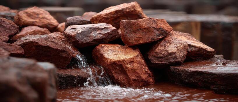 Rare earth elements mining involves extracting reddish brown rocks from earth where water flows gently over them creating natural and serene environment for mineral collection photo