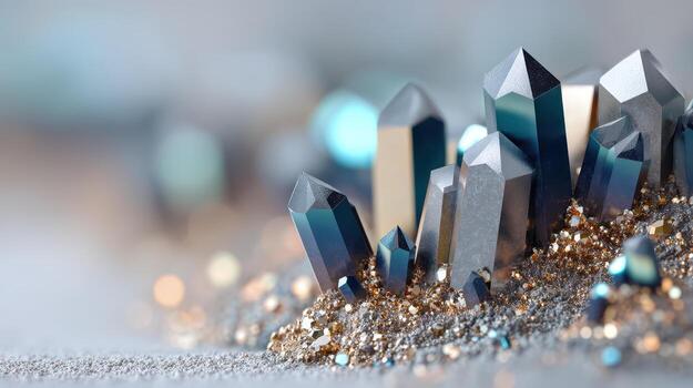 Rare earth elements mining produces shiny metallic crystals with sharp geometric shapes and mix of blue and gold hues creating striking natural mineral formation photo