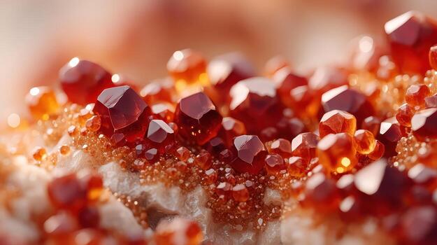 Rare red crystals sparkle vividly in this close up showcasing earth natural beauty with elements of mining and geology, highlighting intricate formation of mineral deposits photo