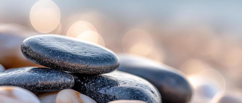 suave negro guijarros apilado en playa con suave luz de sol y bokeh fondo, creando pacífico y calmante natural escena Perfecto para relajación y meditación conceptos foto
