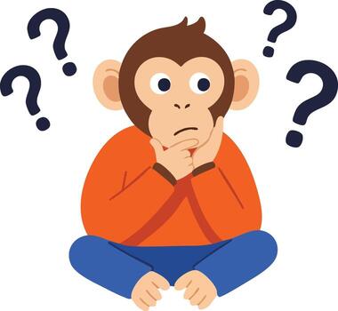 Curious monkey sitting with crossed legs and question marks around head questioning concept illustration vector