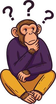 Thinking monkey sitting with question marks above head in thoughtful pose illustration vector