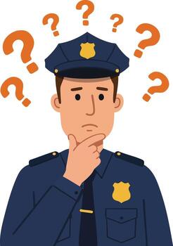 Police officer character thinking with question marks around head illustration in uniform and cap vector