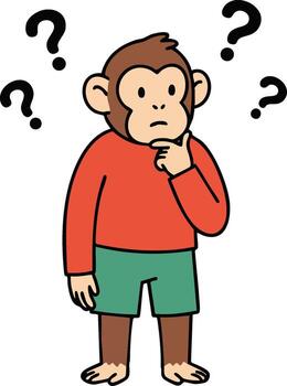 Cartoon monkey character thinking with question marks around head in curious pose illustration vector