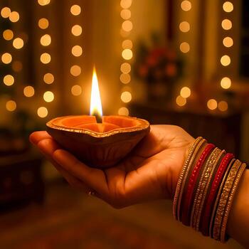 A close-up shot of a hand with elegant gold and red bangles, holding a burning diya with soft golden light and festive bokeh in the background, perfect for Diwali celebration concepts. photo