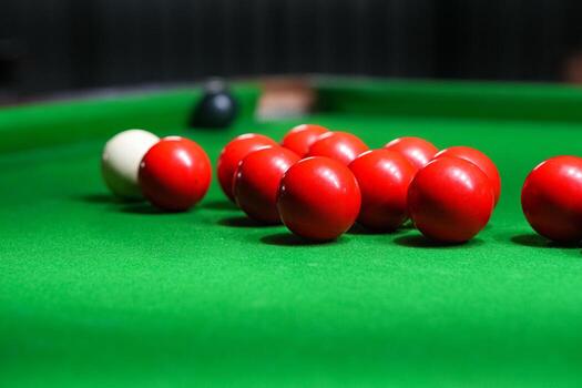 Snooker table overview, featuring symmetrical placement and vivid color for competitive mood photo