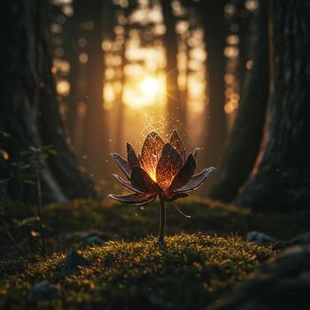 A lotus flower in the forest at sunset photo