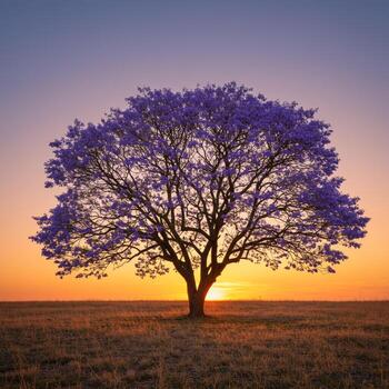 A tree with purple flowers in the middle of a field photo