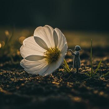 un miniatura figurilla es en pie siguiente a un flor foto