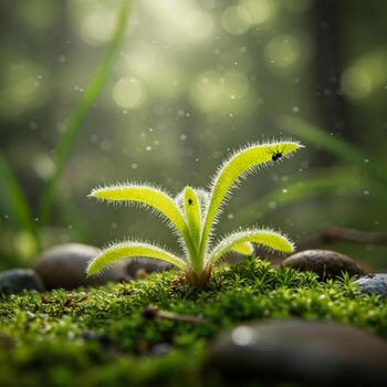 A small plant growing in the grass with water droplets photo