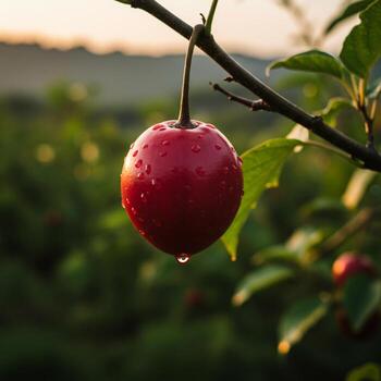 un rojo Fruta colgando desde un árbol con agua gotas foto