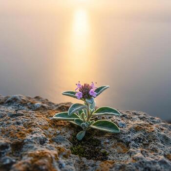 A flower growing on a rock in front of the ocean photo