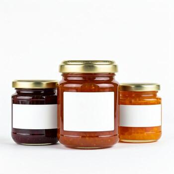 Assorted jam jars with plain white labels isolated on white photo