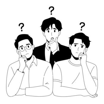 Three men pondering questions with uncertain expressions thoughtful decision making process vector