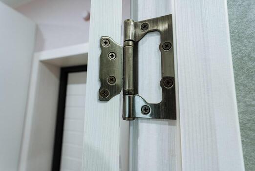 This closeup of a door hinge on a classic white door showcases the intricate design and functionality of hardware, illustrating how small components improve aesthetics and usability photo