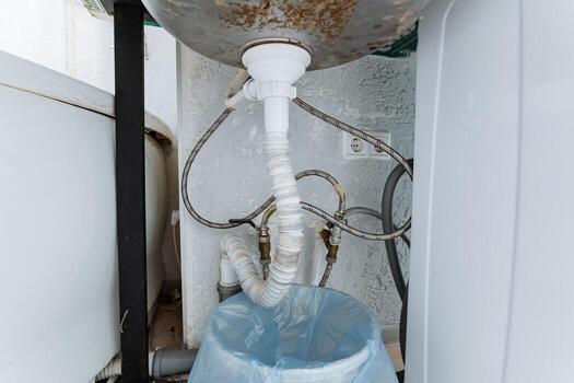 The kitchens undersink plumbing has a persistent dripping leak needing immediate attention. Consult a qualified contractor or plumber to address this efficiently, using proper tools like a wrench photo