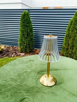 An Elegant Glass Table Lamp beautifully placed on a plush green fabric surface, perfectly complementing the modern landscaping elements around it, creating a harmonious blend of style and design photo