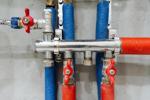 An intricate industrial pipeline system features strong metal valves and a complex layout of colorcoded hoses, designed for efficient fluid movement and management in the workspace photo