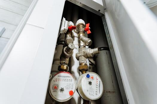 In a utility room, you can find important components of an industrial heating system, including gauges and valves that play a crucial role in its efficient operation and functionality photo