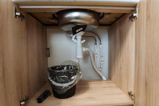 UnderSink Utensils and Plumbing Setup in a Modern Kitchen Cabinet boosts functionality and design, promoting efficiency and cleanliness while showcasing a commitment to sustainability photo