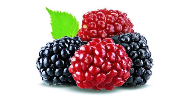 Fresh berries arrangement red raspberry and black blackberry fruits isolated photo