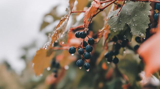 Close up of grapes on a vine with autumn leaves and water droplets photo