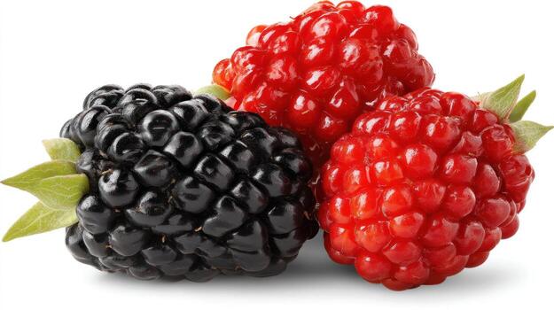 Close up view of fresh blackberries and raspberries isolated on white photo