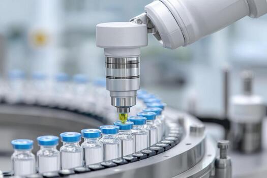 Robotic arm in modern biotech lab is precisely handling vials on conveyor belt, showcasing advanced automation in pharmaceutical production with copy space photo