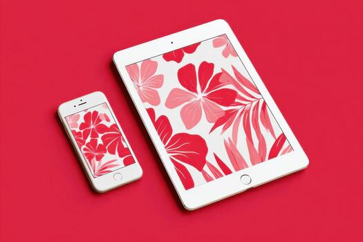 Creative mockup featuring mobile phone and tablet displaying vibrant floral designs on a bold red background, ideal for showcasing digital art and design concepts with copy space photo