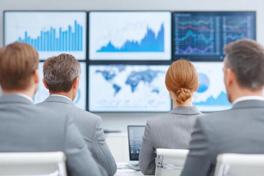 Business meeting with individuals in grey suits, focused on data presentations displayed on multiple screens, showcasing analytics and strategic discussions in a modern office environment photo