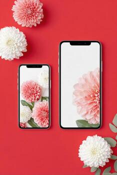 Modern floral workshop mockup featuring two smartphones displaying vibrant flower arrangements on a red background, ideal for design and creative projects with copy space photo