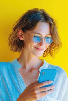 joven mujer con Gafas de sol es sonriente mientras utilizando un teléfono inteligente en contra un vibrante amarillo fondo, exhibiendo moderno tecnología y alegre Interacción con móvil aplicaciones foto