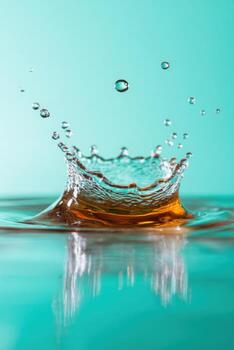 Drop of water creating splash on reflective surface, capturing dynamic motion and vibrant colors, showcasing the beauty of nature's elements in a serene environment photo